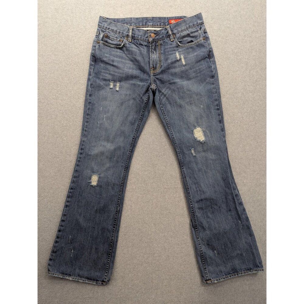 X2 Denim Laboratory Jeans Womens 10 Blue Mid Rise Flare Distressed Denim